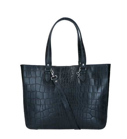 Boekentas - Ruime 15 inch Schoudertas model Laptoptas In Vintage Croco Zwart