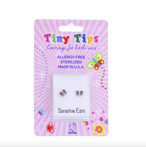 Tiny Tips stalen oorbellen vlinder rozen en blauwe glitter