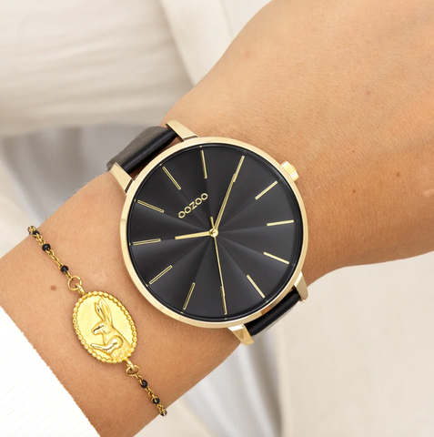 Goudkleurige OOZOO horloge met zwarte leren band - C11259