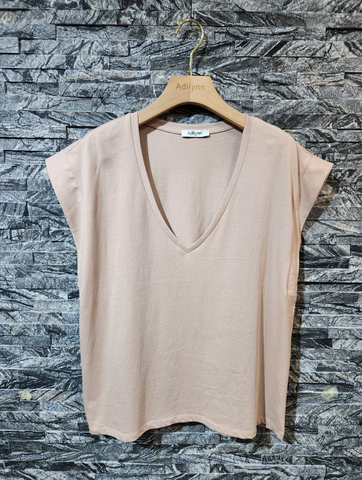 T-shirt - 1647 Nude Plain V-Neck Short Sleeve T-Shirt