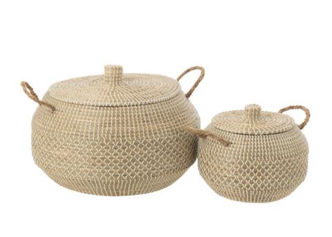 Set Van 2 Mand Handvat+Deksel Zeegras/Plastic Naturel/Wit