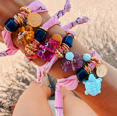 Pink Boho Bandana Bracelets with Ocean Crab & Turtle Charms
