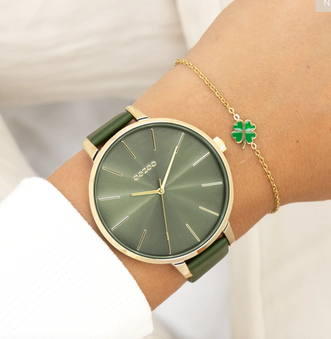 Goudkleurige OOZOO horloge met bos groene leren band - C11257