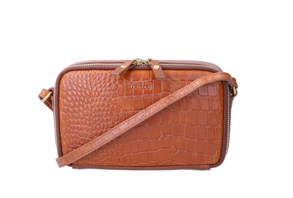 Cognac Camerabag Met Ingebouwde Portemonnee met Croco inprint Leer